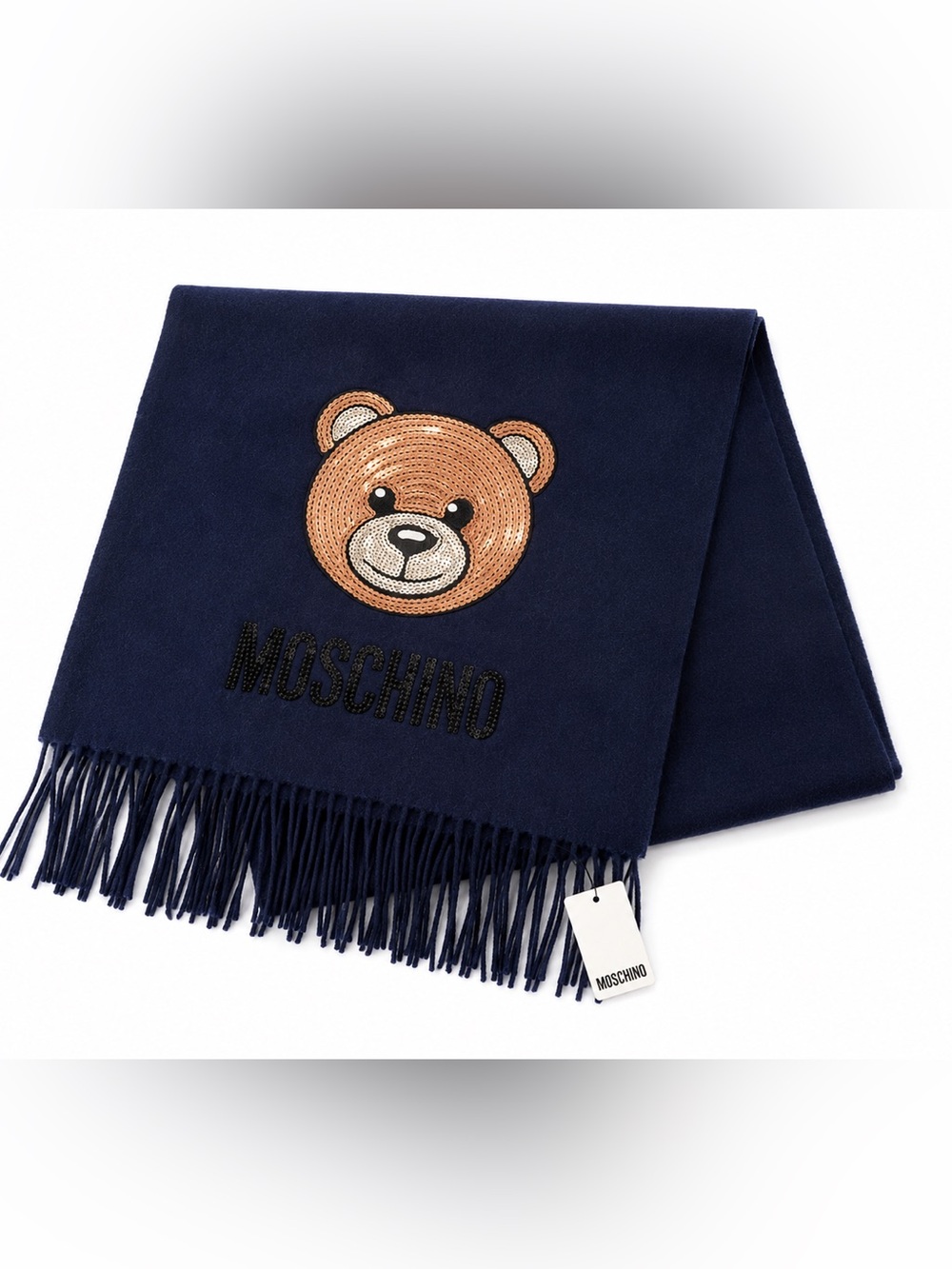 🚩steal Moschino Navy Scarf with Sequin Teddy Patch